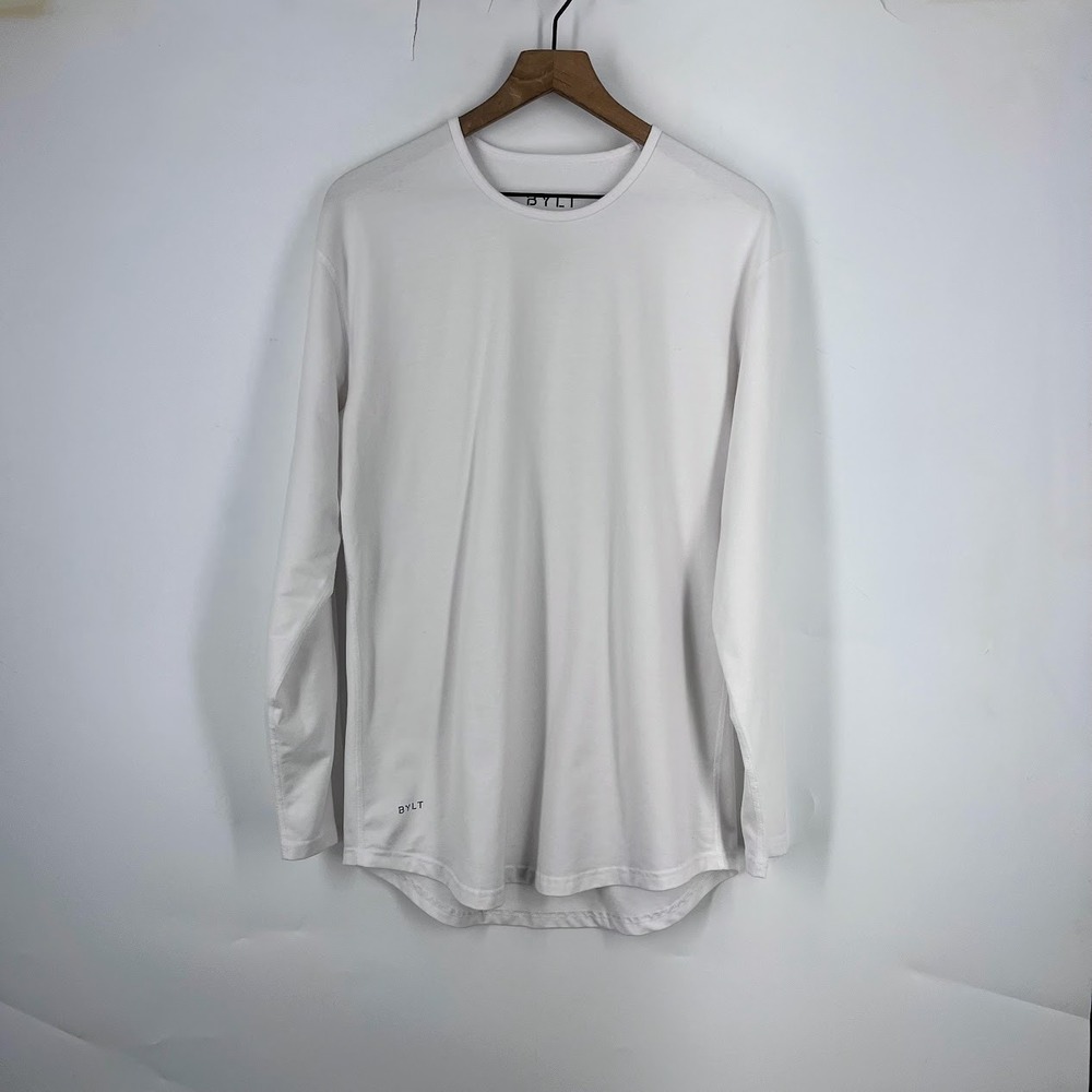BYLT Basics Drop Cut Long Sleeve Shirt White Mens Large Curved Hem